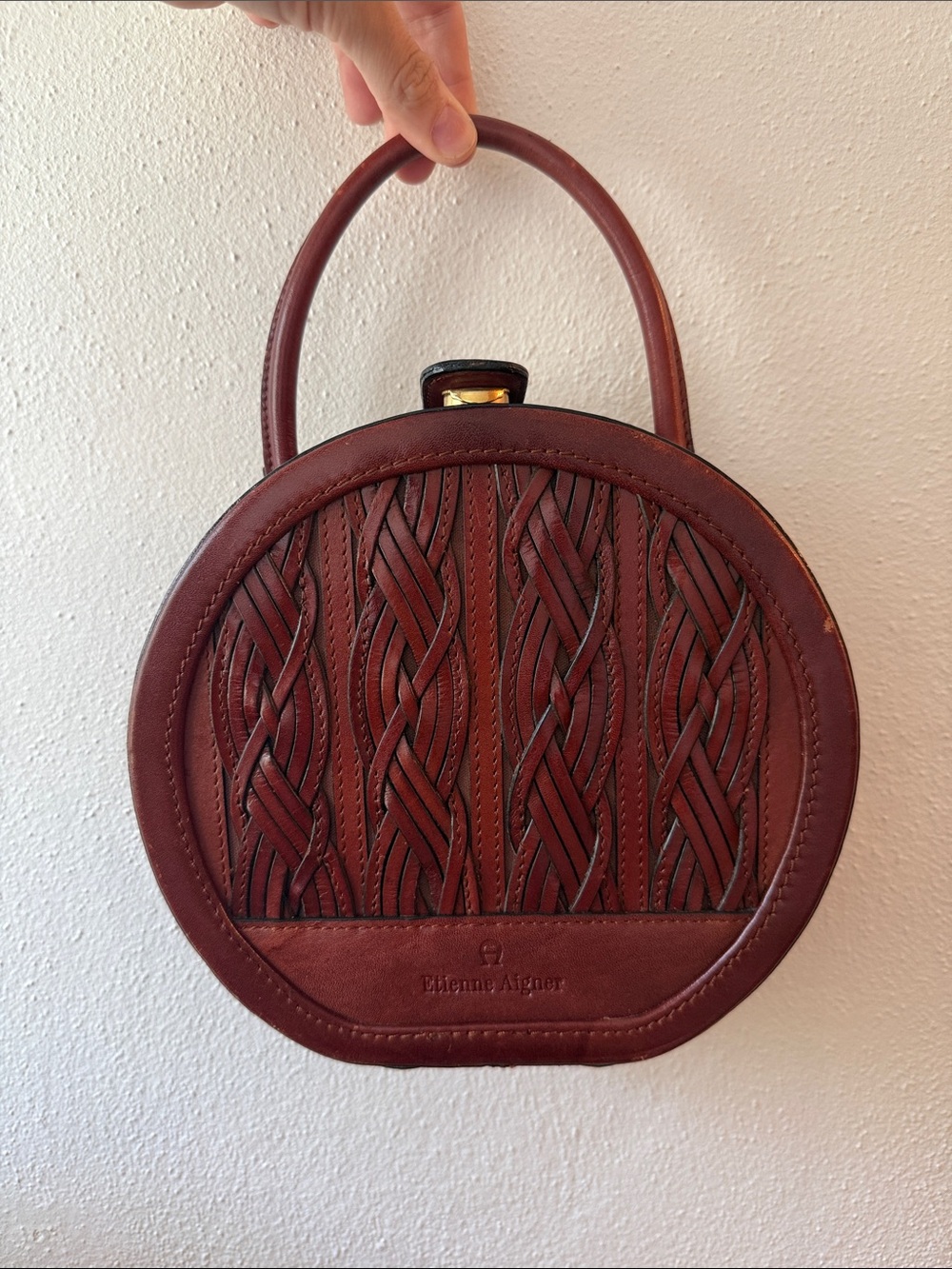 Vintage 80s/90s Etienne Aigner Braided Round Top-Handle Bag in mahogany brown